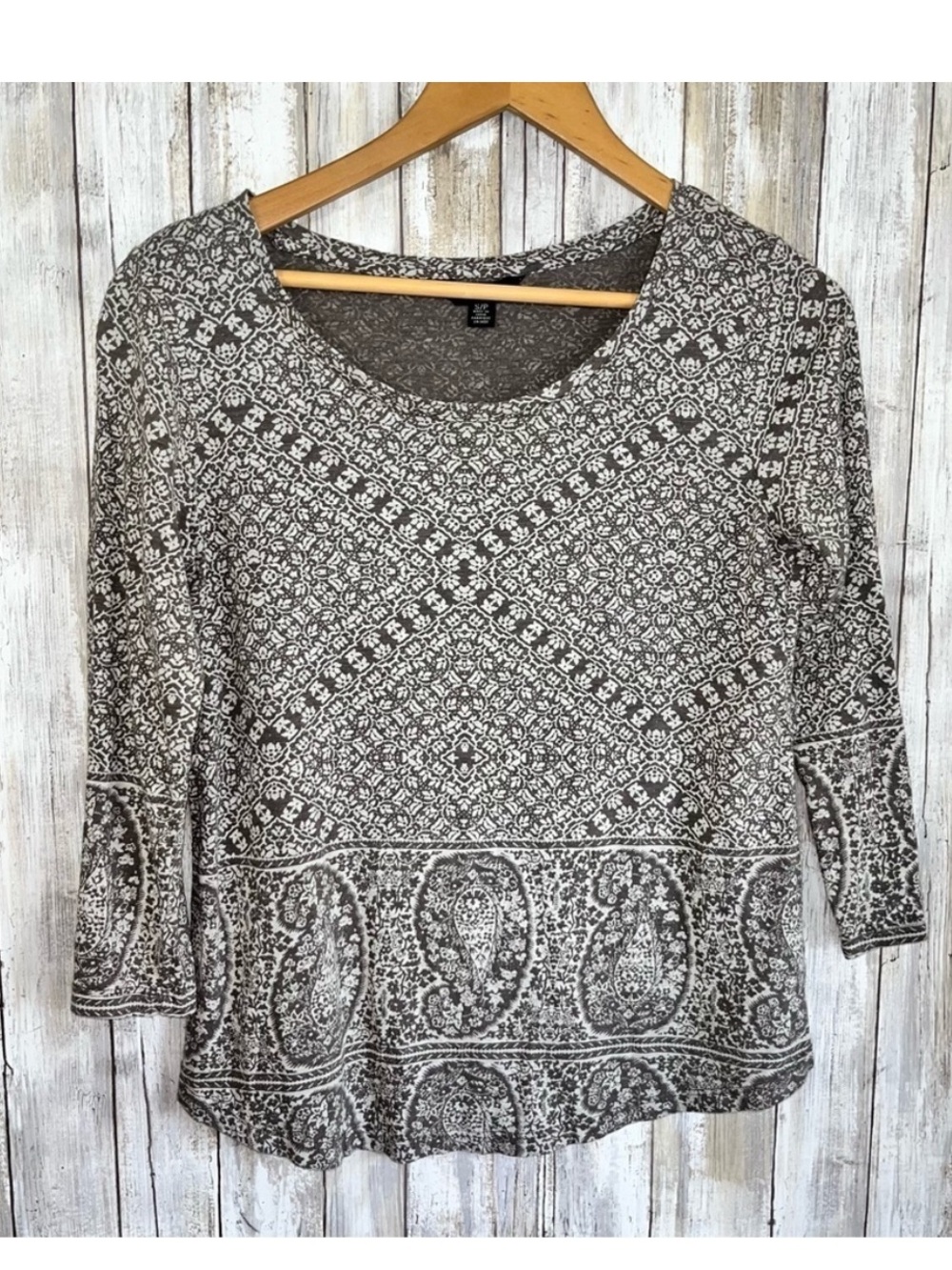 Lucky Brand Boho Paisley Print Top Small 3/4 Sleeve Soft Knit Tee Black White